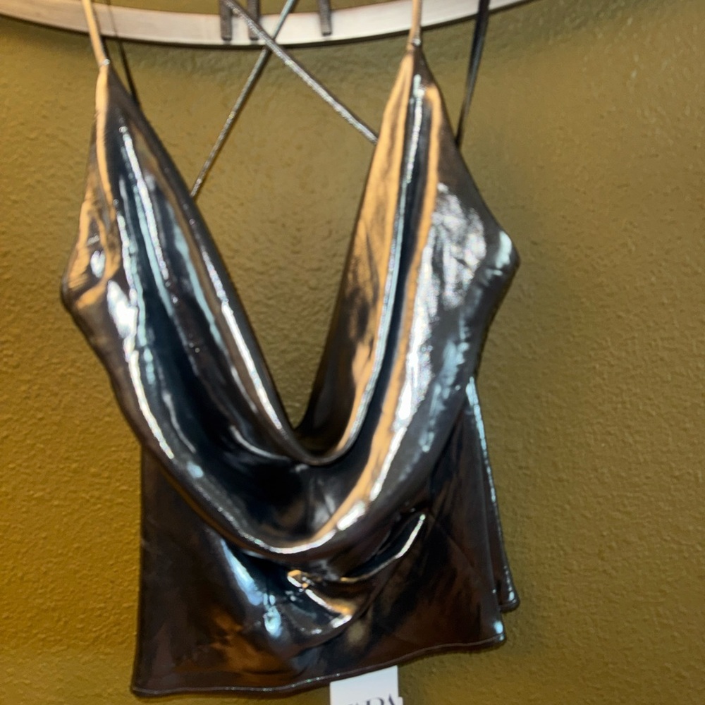 Zara Shiny Metallic Cowl Neck Top